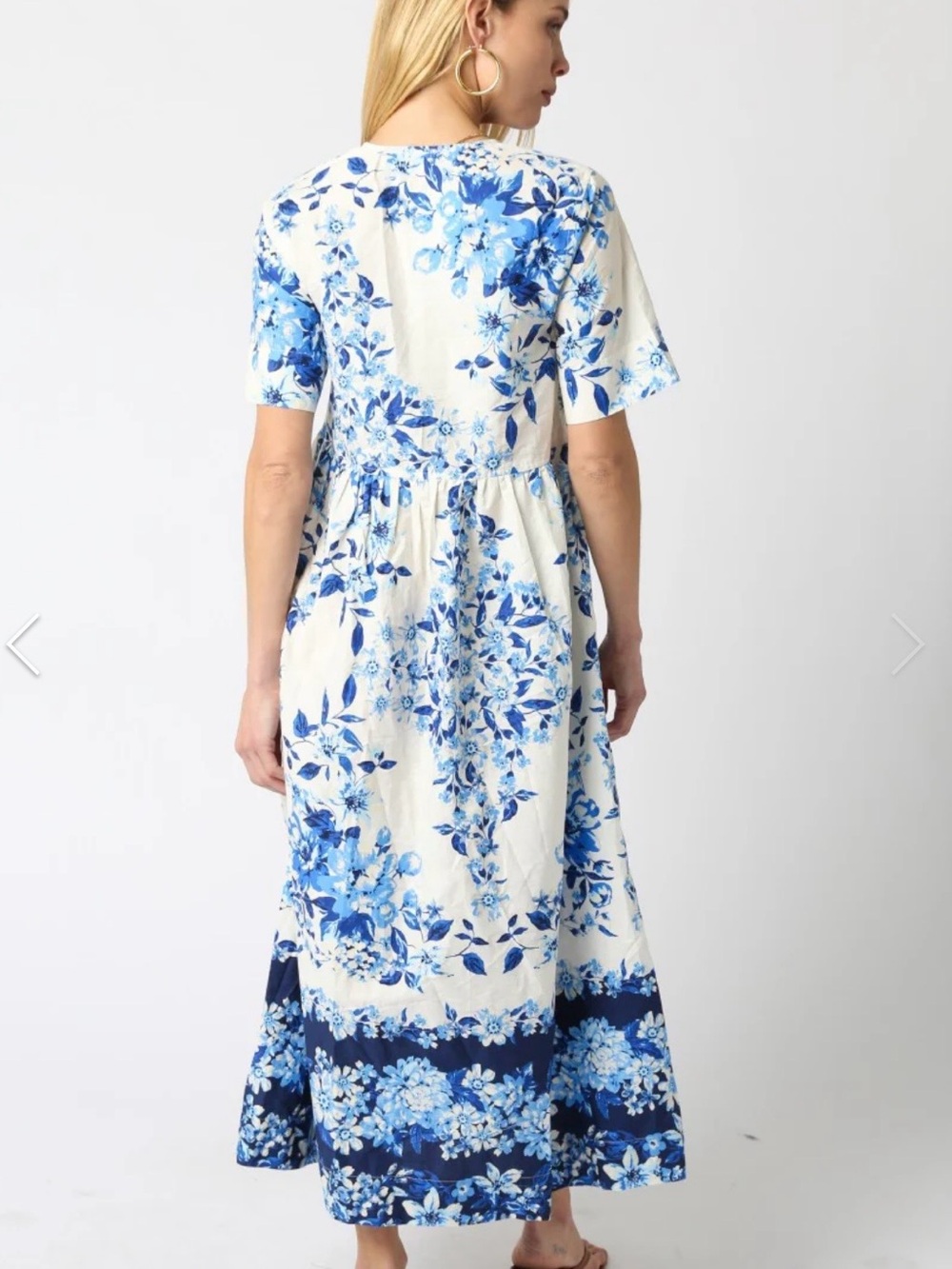 Olivaceous White Maxi Dress with Blue Floral Print